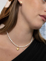 שרשרת פנינים לב בשיבוץ טיפת זירקון