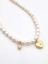 שרשרת פנינים לב בשיבוץ טיפת זירקון